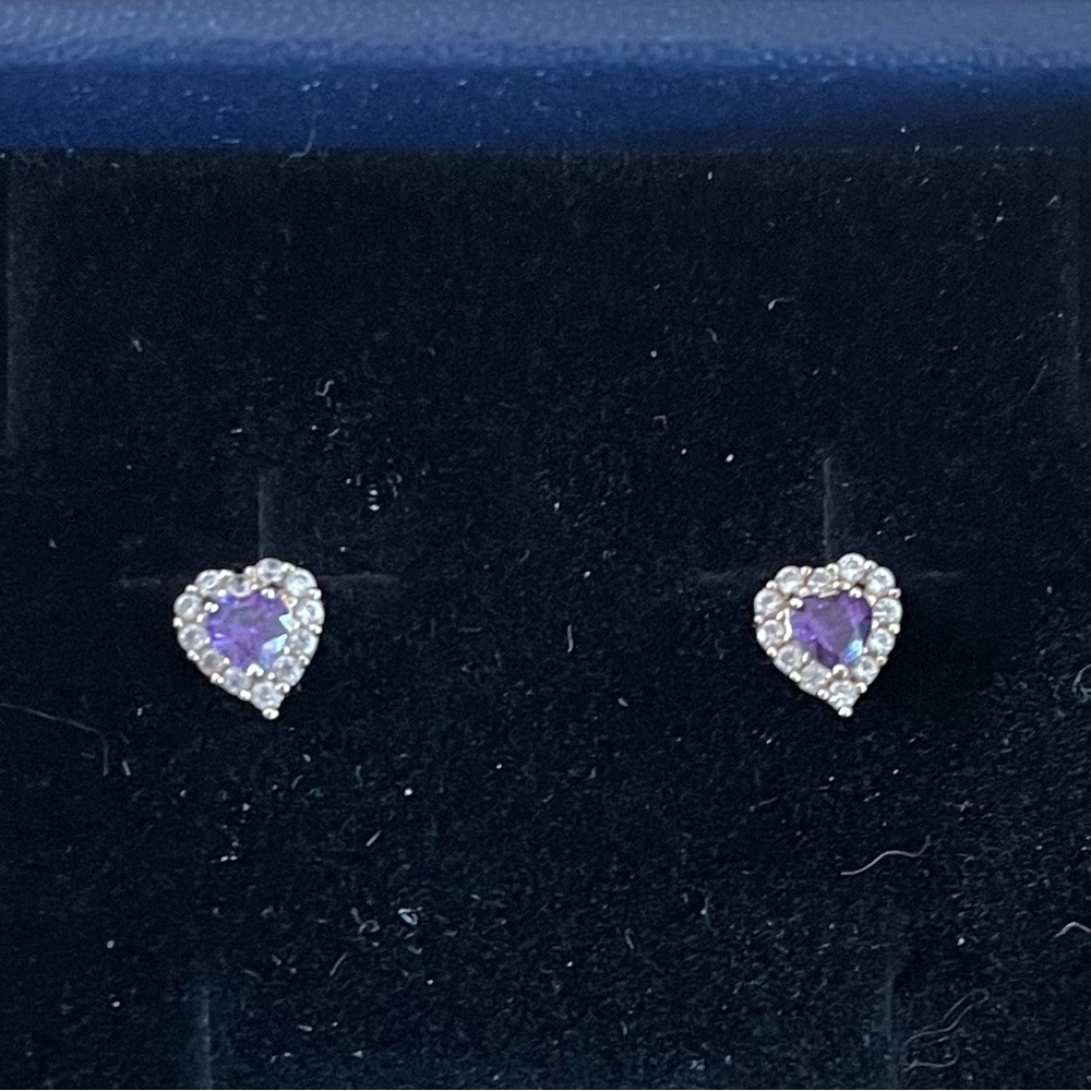 Pair of 14k gold, amethyst heart, cubic zirconia screw back earrings.   5.5 mm